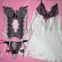 Victoria&#39;s Secret Unlined 34B,36B Garter Corset+Thong+Slip Gown Pink Black Lace - $197.99