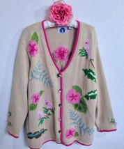 Storybook Knits Sweater 2X Pink Birds &amp; Tropical Hibiscus Flowers Beaded Palms - £63.94 GBP