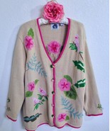 Storybook Knits Sweater 2X Pink Birds & Tropical Hibiscus Flowers Beaded Palms - $79.99