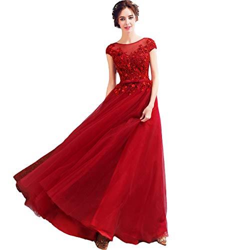 Custom Made Tulle Bateau Beaded Lace Long Formal Evening Prom Dresses Wine Red