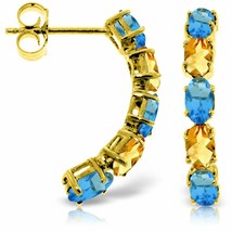 14K Solid Yellow Gold Gemstone Earrings w/ Natural Blue Topaz &amp; Citrines - £302.14 GBP