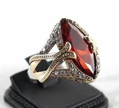 8Ct Simulated Red Garnet Engagement Wedding Ring Gold Plated 925 Silver - £84.34 GBP