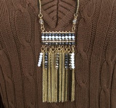 Gold Chain Fringe Tassel Necklace Fauceted Crystal White blue bead 28&quot; Long Boho - £10.78 GBP