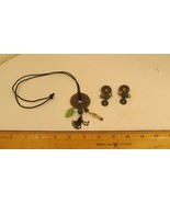 Vintage Asian Lucky Coin Pendant Necklace Jade Beads Leather Strung - $37.85