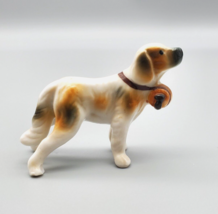 Vintage Porcelain Dog With Barrel And Collar Miniature 2&quot; VG Cond Brown White - £6.39 GBP