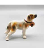Vintage Porcelain Dog With Barrel And Collar Miniature 2&quot; VG Cond Brown ... - £6.29 GBP
