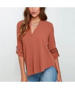 Sexy Women V-neck Solid Chiffon Blouse - Orange - $282.74 MXN