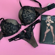 Victoria&#39;s Secret 32DD, 34C Reggiseno Set S Nero Beige Rete Collant Decorato - £83.08 GBP