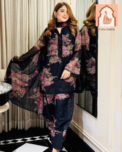 Black Floral Georgette Sharara Set with Digital Print - $55.00