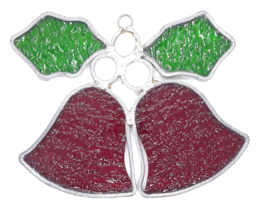 Christmas Bells &amp; Holly Leaded Stained Glass SunCatcher 4 7/8&quot;&quot; X 4&quot; - £6.29 GBP