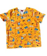 Disney Halloween Eeyore Scrub Shirt Womens Large Orange Spider Webs  - £14.89 GBP