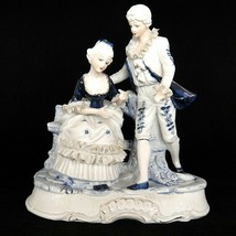 Colonial Couple Figurine Dresden Lace Ruffles Blue and White 10&quot; Tall Very Nice - £30.06 GBP