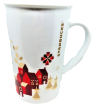 Starbucks 2013 Holiday Christmas Village Coffee Mug 12 oz Tall Red Gold Houses - £11.57 GBP