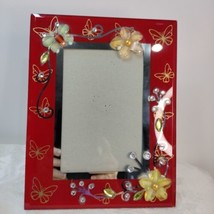 Crystal Collection Red Glass Picture Frame W/Rhinestones Flower, Butterfly... - £16.61 GBP