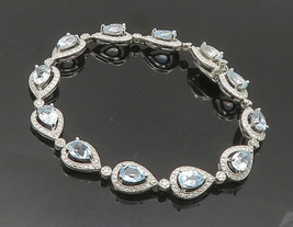 925 Sterling Silver - Shiny Genuine Diamond &amp; Blue Topaz Chain Bracelet - BT7254 - £77.65 GBP