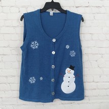 Holiday Faire Vest Women Medium Large Blue Snowman Snowflake Christmas Holiday - £9.96 GBP