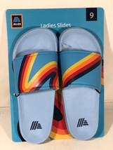 Aldi Woman Size 9 Blue Slides Beach Sandals Flip Flops Multicolored Rain... - £23.73 GBP