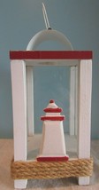 Vintage Candle Holder,9&quot; Tea Light Metal Square Lantern Lighthouse WHITE/RED - £16.27 GBP