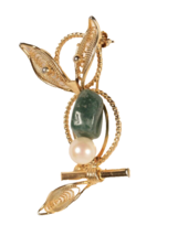 Vintage Owl Pin Brooch with Jade and Pearl Accents Gold Tone - £7.58 GBP