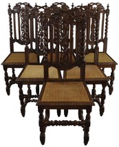 Antique Dining Chairs Set 6 French Hunting Renaissance Oak Wood Rattan Cane - £2,800.46 GBP