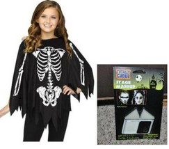 Girls Skeleton 2 Pc Black White Bones Poncho &amp; Makeup Halloween Costume-sz OS - £10.90 GBP