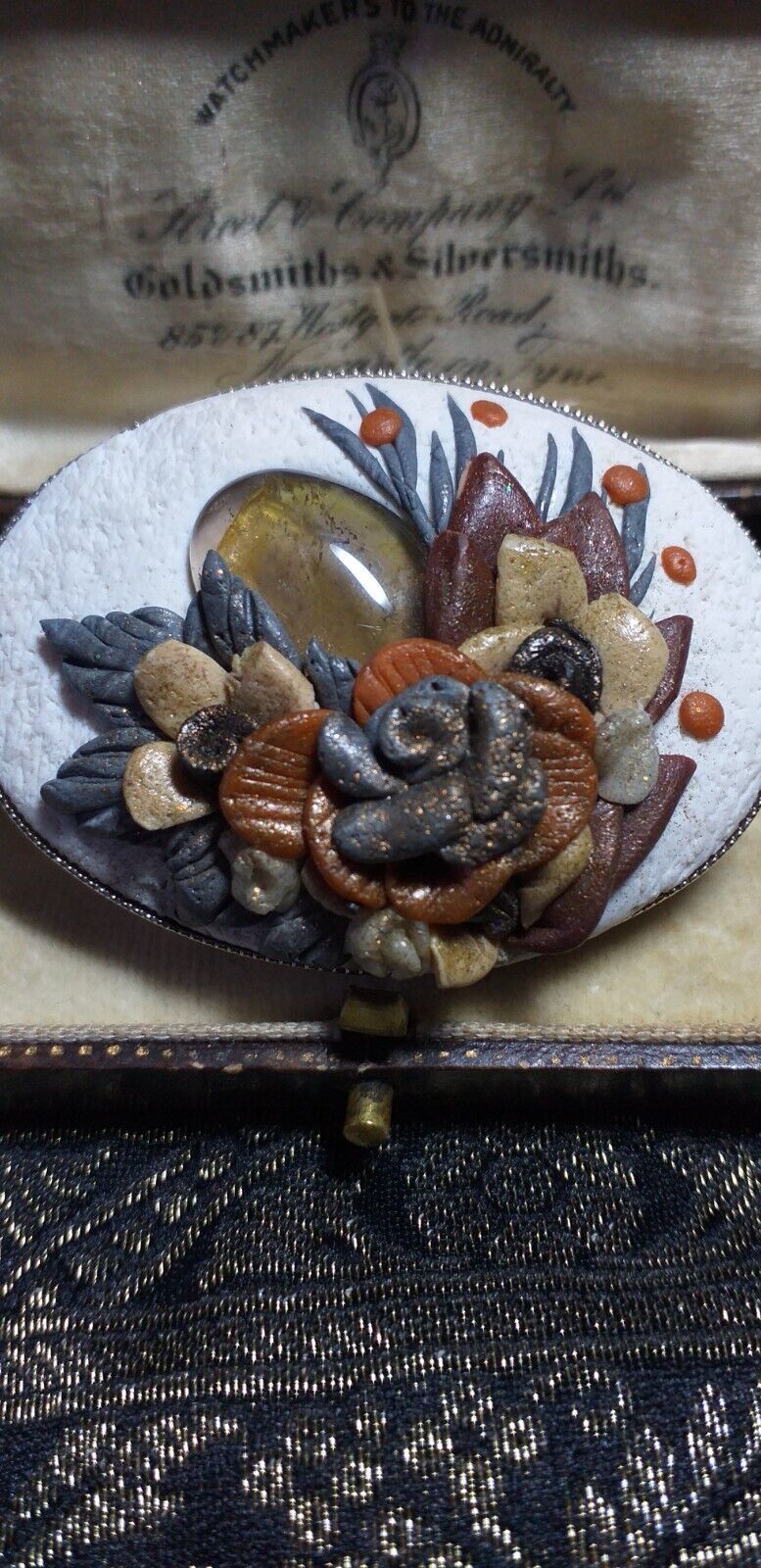 Vintage 1960-s Large Oval Hand-Made Resin Layered Amber/White/Grey Flora... - $34.65