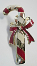 Christmas Candy Cane Brooch Enamel Pin Marked Thailand 2&quot; Vintage Red White - £11.86 GBP