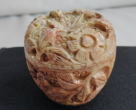  Carved Alabaster Trinket Box With Leaf, Flowers a small chip inside cap 2&quot;1/4 - £12.31 GBP