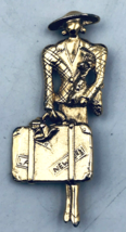 VTG Gold Tone Elegant Travelling Woman w/ Luggage &amp; Dog Brooch Pin 3.5&quot; x 1.5&quot; - £7.60 GBP