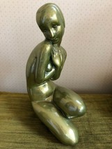 Vintage ART DECO Nude Pose Woman Chalk Plaster Statue w Metallic Green Paint MCM - £99.18 GBP