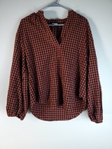 A New Day Blouse Top Womens Small Orange Black Check Polyester V Neck Pullover - £6.32 GBP