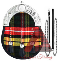 Buchanan Tartan Kilt Sporran - 100% Genuine Leather Sporran Bag &amp; Chain strap - £40.38 GBP