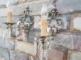 VINTAGE ORNATE Victorian Silver PL Solid BRASS Crystal Pair of SCONCE ap... - £223.75 GBP