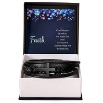 Faith (noun) Hebrews 11:1 Men&#39;s Stainless Steel &amp; Vegan Leather Cross Bracelet  - £34.13 GBP+