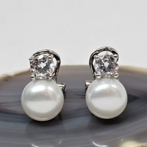 925 Sterling Silver  - Button Pearl &amp; CZ Pierced Earrings Studs Cubic Zi... - £19.89 GBP