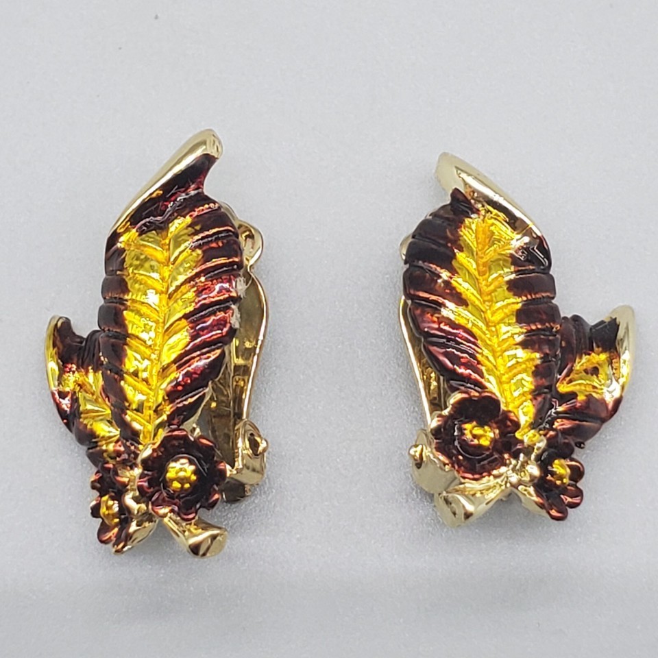 Floral Clip On Earrings Two Tone Lacquer Yellow Brown Leaf Gold Tone Cli... - $14.99