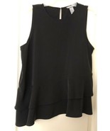 H&amp;M Black Sleeveless Blouse with 2 Ruffles, Button Closure Back, Size 14 - £14.97 GBP