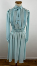 Vintage Women&#39;s 8 Dress w/ Belt Blue Midi Sheer Church Modest Secretary ... - £22.42 GBP