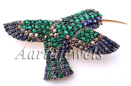 Victorian 1.44ct Rose Cut Diamond Emerald Blue Sapphire Bird Brooch Chri... - £1,152.25 GBP