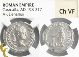 208 Ad Romano Caracalla Ar Denarius ( Ch-Vf NGC ) Vota Solvt Dec Cos III Argento - £296.56 GBP