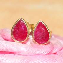 Solid Gold Jewelry Natural Ruby Gemstone Stud Earrings 9k 14k 18k 22k Gold Birth - £173.84 GBP+