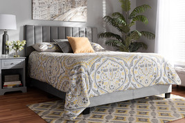 Seva Gray Velvet Fabric Full Size Panel Bed w/Channel Tufted Headboard - $3,699.03 MXN
