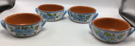 Soup Crocks Bowls Terracotta Hand Painted Blue Green Floral Handles Set 4 Chili - £21.52 GBP