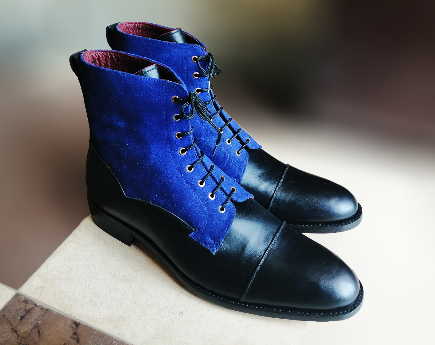 High Ankle Boots Men's Blue Suede Black Premium Quality Leather Cap Toe Laceup