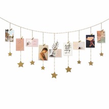 Hanging Photo Display Boho Decor Wooden Stars Garland With Metal Chains Picture  - £21.98 GBP