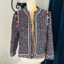 ZARA WOMAN Tweed Embellished Jacket Blazer, Navy, Red/Multi Colored, Sma... - £72.64 GBP