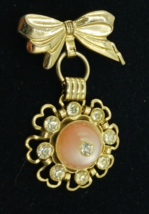 Vintage Gold Tone Bow Hanging Rhinestone Textured Filigree Brooch Pin - $12.86