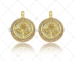 CZ Micro Pave Rose Flower On Coin Shape Pendant/Charm,18K Dianty Gold Medallion - $2.90