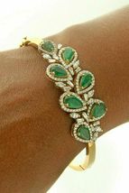 Vintage Colombian Emerald &amp; Diamond 18k Yellow Gold Over Bangle 7.5&quot; Bracelet - £149.33 GBP