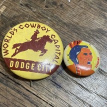 Vintage Buttons Dodge City Cowboy Capital &amp; Geronimo pin backs - £8.20 GBP